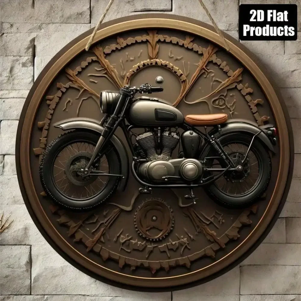 Motorcycle Gear Europe - ヴィンテージスチームパンクウォールアート、8x8インチの丸い木製オートバイギア飾り板、金属ギア付き、ブラウンブラック装飾